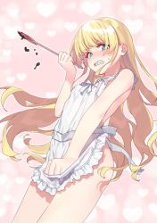  1girl apron ass blonde_hair blue_eyes blush breasts chocolate covering_privates covering_crotch embarrassed fantasy_bishoujo_juniku_ojisan_to frilled_apron frills genderswap genderswap_(mtf) heart highres holding holding_spatula ikezawa_shin long_hair looking_at_viewer naked_apron pink_background sharp_teeth small_breasts spatula tachibana_hinata_(fantasy_bishoujo) teeth very_long_hair white_apron  rating:Questionable score:112 user:DragonVzla