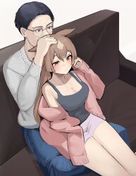  1boy 1girl absurdres alternate_costume animal_ears bare_shoulders black_hair blush breasts cardigan cardigan_partially_removed cleavage closed_mouth commentary_request couch grey_sweater grey_tank_top headpat highres horse_ears horse_girl lap large_breasts long_sleeves on_couch open_cardigan open_clothes pink_sweater round_eyewear satono_diamond_(umamusume) short_hair short_shorts shorts simple_background sitting sitting_on_lap sitting_on_person solokitsune sweater tank_top trainer_(umamusume) umamusume white_background white_shorts yellow_eyes 