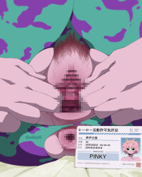  1girl anus artist_name ashido_mina black_eyes boku_no_hero_academia censored colored_skin english_text felipe_godoy female_focus female_pubic_hair highres id_card japanese_text mosaic_censoring pink_hair pink_skin pixelated pubic_hair pussy short_hair sitting smile solo solo_focus spread_pussy torn_clothes torn_legwear translation_request  rating:Explicit score:86 user:Uploadurr