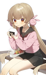  1girl bare_legs bench bento black_sailor_collar black_skirt blonde_hair cherry_tomato closed_mouth collarbone eating egg_(food) food food_on_face hair_ornament hashtag-only_commentary highres holding holding_food light_blush long_hair long_sleeves nano_(nan0ng) natori_sana neckerchief on_bench onigiri park_bench pink_sleeves pink_uniform pleated_skirt puffy_long_sleeves puffy_sleeves rabbit_hair_ornament red_eyes red_neckerchief rice rice_on_face sailor_collar sana_channel sausage skirt sleeves_past_wrists solo sparkling_eyes tareme tomato very_long_hair white_background 