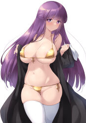  1girl absurdres bikini black_robe blunt_bangs breasts collarbone commentary_request covered_erect_nipples cowboy_shot curvy fern_(sousou_no_frieren) gluteal_fold gold_bikini highres kuzuryuu_kennosuke large_breasts long_hair looking_at_viewer micro_bikini navel open_clothes open_robe purple_eyes purple_hair raised_eyebrows robe side-tie_bikini_bottom simple_background skindentation solo sousou_no_frieren stomach strap_gap swimsuit thigh_gap thighhighs thighs very_long_hair white_background white_thighhighs 