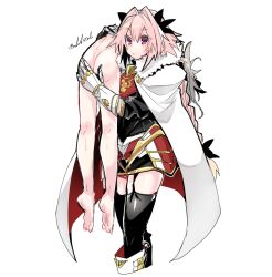  2boys :/ armored_skirt astolfo_(fate) black_bow black_garter_straps black_shirt black_thighhighs bow braid cape carrying carrying_over_shoulder completely_nude cropped_legs fang fate/apocrypha fate_(series) feet fur-trimmed_cape fur_trim garter_straps gauntlets gorget grey_hair hair_bow hair_intakes hand_on_another&#039;s_ass haoro long_braid long_hair male_focus multicolored_hair multiple_boys nude piggyback pink_hair purple_eyes shirt short_hair sieg_(fate) signature simple_background single_braid skin_fang streaked_hair thighhighs trap two-sided_cape two-sided_fabric two-tone_hair very_long_hair white_background white_cape white_footwear white_hair zettai_ryouiki 