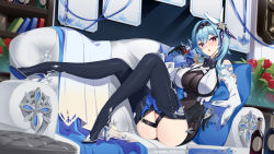  1girl ass black_gloves black_hairband black_thighhighs blue_hair blush bookshelf boots breasts cleavage couch eula_(genshin_impact) genshin_impact glass_bottle gloves hairband high_heel_boots high_heels highres large_breasts looking_at_viewer open_mouth pillow reclining see-through solo thigh_boots thighhighs thighs wide_sleeves yellow_eyes yuxian_youka zettai_ryouiki  rating:Sensitive score:43 user:danbooru