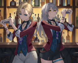  2girls absurdres alternate_costume aqua_eyes argyle_clothes argyle_necktie bakemonsou bar_(place) bartender black_collar black_skirt blonde_hair blue_shirt bottle breasts cleavage closed_mouth collar collarbone commentary_request cowboy_shot earrings grey_hair halo hands_up highres honkai:_star_rail honkai_(series) jacket jewelry long_hair long_sleeves looking_at_viewer multiple_girls open_clothes open_jacket pants red_jacket shirt short_hair siobhan_(honkai:_star_rail) skirt small_breasts smile stelle_(honkai:_star_rail) thigh_strap trailblazer_(honkai:_star_rail) very_short_hair white_pants wine_bottle yellow_eyes 