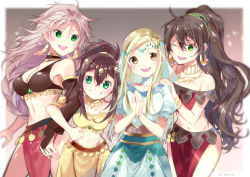  4girls arm_warmers bare_shoulders blonde_hair bracelet braid breasts brown_eyes brown_hair choker cleavage cowboy_shot dancer dress earrings feather_earrings feathers fingerless_gloves gloves green_eyes grin h&#039;aanit_(octopath_traveler) hairband hand_on_another&#039;s_shoulder hoop_earrings jewelry locked_arms long_hair looking_at_another medium_breasts midriff multiple_girls navel necklace oboro_keisuke octopath_traveler octopath_traveler_i one_eye_closed open_mouth ophilia_(octopath_traveler) own_hands_together pelvic_curtain ponytail primrose_azelhart silver_hair smile tressa_(octopath_traveler) veil  rating:Sensitive score:6 user:danbooru