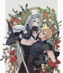  2boys absurdres arm_up armor belt black_belt black_coat black_gloves black_pants blonde_hair blue_sweater bracer bright_pupils brown_belt buster_sword chest_strap clockwork cloud_strife coat final_fantasy final_fantasy_vii flower gloves green_eyes grey_background grey_hair hand_on_another&#039;s_waist hand_up high_collar highres holding_another&#039;s_wrist katana leaf light_smile long_bangs long_hair long_sleeves looking_at_another looking_down looking_up lyell_ff14 male_focus multiple_belts multiple_boys open_clothes open_coat pants parted_bangs parted_lips pauldrons planted planted_sword planted_weapon red_flower red_rose rose sephiroth short_hair shoulder_armor single_pauldron sleeveless sleeveless_sweater sleeveless_turtleneck spiked_hair standing suspenders sweater sword turtleneck turtleneck_sweater upper_body very_long_hair weapon yaoi 