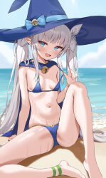  1girl absurdres barefoot beach bikini bikini_pull blue_bikini blue_cape blue_eyes blue_hat blue_sky blush breasts cape clothes_pull commentary_request commission day fang grey_hair hat highres loloco long_hair looking_at_viewer micro_bikini navel ocean open_mouth original outdoors pixiv_commission pointy_ears sitting sky small_breasts smile solo sweat swimsuit twintails witch_hat 