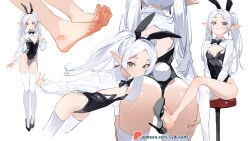  1girl animal_ear_hairband animal_ears ass barefoot black_bow black_bowtie black_footwear black_leotard blush bow bowtie breasts crossed_legs drop_earrings earrings elf fake_animal_ears fake_tail feet foot_out_of_frame frieren groin hairband highres jewelry legs leotard light_smile looking_at_viewer multicolored_hair multiple_views on_stool patreon_username playboy_bunny pointy_ears rabbit_ear_hairband rabbit_ears rabbit_tail shoe_dangle shrug_(clothing) simple_background sitting small_breasts smile soles sousou_no_frieren strapless strapless_leotard streaked_hair sydus tail thigh_gap thighhighs toenails toes twintails white_background white_hair white_thighhighs  rating:Sensitive score:94 user:danbooru