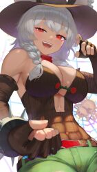 1girl abs belt bracelet braid breasts brown_belt brown_gloves brown_hat bug clenched_hand commission covered_abs elbow_gloves fingerless_gloves gloves green_pants grey_hair hair_over_shoulder hat highres indie_virtual_youtuber jewelry large_breasts nellie_(vtuber) open_mouth pants possum_girl red_eyes rushian silk skeb_commission solo spider spider_web spiked_bracelet spikes virtual_youtuber 