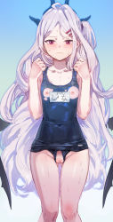 1girl black_one-piece_swimsuit blue_archive blush bow_(bhp) cameltoe closed_mouth collarbone commentary_request covered_navel crotchless crotchless_swimsuit feet_out_of_frame flat_chest gradient_background highres hina_(blue_archive) hina_(swimsuit)_(blue_archive) horns loli long_hair looking_at_viewer nippleless_clothes nipples one-piece_swimsuit purple_eyes pussy school_swimsuit solo standing swimsuit uncensored very_long_hair wet white_hair rating:Explicit score:173 user:danbooru
