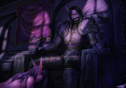  1boy 1girl 2016 armor artist_name banner beard blood blood_from_mouth colored_skin covering_own_mouth elf facial_hair forceps implied_nudity implied_violence indoors long_hair night_elf_(warcraft) personal_ami placker pointy_ears purple_skin ryona shoulder_spikes signature sitting spikes throne tooth warcraft world_of_warcraft yellow_eyes 