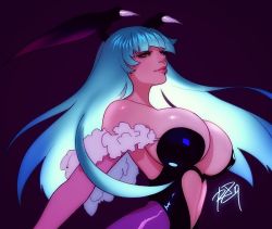  1girl bare_shoulders breasts bridal_gauntlets cleavage covered_erect_nipples demon_girl elbow_gloves feather_boa gloves green_hair head_wings large_breasts leotard lips long_hair morrigan_aensland nose pantyhose purple_pantyhose robaato signature slit_pupils solo strapless strapless_leotard vampire_(game) veins veiny_breasts wings yellow_eyes  rating:Questionable score:52 user:danbooru