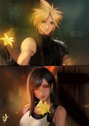  1boy 1girl absurdres arialla_draws armor bare_shoulders black_gloves black_hair blonde_hair blue_eyes blurry blurry_background breasts cloud_strife commentary couple earrings english_commentary final_fantasy final_fantasy_vii final_fantasy_vii_remake fingerless_gloves flower gloves highres holding holding_flower jewelry large_breasts light_blush long_hair looking_at_viewer night night_sky parted_lips pov red_eyes red_lips revision short_hair shoulder_armor signature single_bare_shoulder single_earring sky sleeveless sleeveless_turtleneck smile spiked_hair suspenders sweater swept_bangs tank_top teardrop_earrings tifa_lockhart turtleneck turtleneck_sweater upper_body white_tank_top yellow_flower 