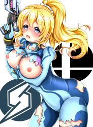  1girl blonde_hair blue_eyes blush breasts embarrassed female_focus gun highres large_breasts metroid nintendo nipples nisshii_(aruzeido) ponytail samus_aran solo super_smash_bros. torn_clothes weapon zero_suit  rating:Questionable score:42 user:chucky69