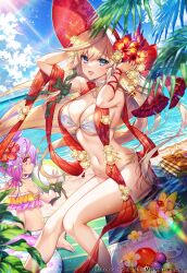  2girls :d age_of_ishtaria ball bare_shoulders beachball bendy_straw bikini blonde_hair blue_eyes blue_sky blush bow breasts cleavage cloud copyright_name copyright_notice drink drinking_straw flower green_bow hair_flower hair_ornament hands_up hat hibiscus highres large_breasts long_hair looking_at_viewer looking_back meru_(age_of_ishtaria) multiple_girls munlu_(wolupus) navel ocean open_mouth purple_hair red_eyes salix_(age_of_ishtaria) sitting sky smile swimsuit tropical_drink 
