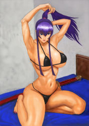  1girl bed bikini blue_eyes breasts busujima_saeko highschool_of_the_dead large_breasts ponytail purple_hair solo swimsuit sword weapon weizenbkd 