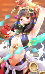 1girl armpits bare_shoulders black_hair blood blood_on_hands blue_hair bracelet colored_inner_hair covered_erect_nipples covered_mouth facepaint fate/grand_order fate_(series) feathers grey_eyes headdress highres jewelry medium_hair multicolored_hair navel neck_ring short_hair sidelocks stomach tenochtitlan_(fate) tenochtitlan_(first_ascension)_(fate) toki00002000 upper_body whip