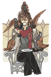  1boy 5others ahoge animal animal_on_head animal_on_shoulder bird bird_on_head bird_on_shoulder bishounen black_gloves black_pants brown_hair closed_eyes coffee coffee_cup commentary commentary_request cowboy_shot cracker crossed_legs cup dated_commentary disposable_cup drinking food gloves granblue_fantasy grey_shirt hair_between_eyes holding holding_cup j999 jacket layered_sleeves male_focus messy_hair multiple_others okinawa_rail on_chair on_head open_clothes open_jacket pants red_scarf sandalphon_(granblue_fantasy) sandalphon_(primarch_afterhours)_(granblue_fantasy) scarf shirt short_hair too_many too_many_birds 