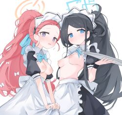  2girls apron apron_tug aris_(blue_archive) aris_(maid)_(blue_archive) black_hair black_skirt black_wrist_cuffs blue_archive blue_bow blue_bowtie blue_eyes blue_ribbon blush bow bowtie breasts breasts_out bright_pupils cowboy_shot embarrassed flying_sweatdrops forehead frilled_apron frills hair_behind_ear hair_bow hair_ribbon halo hand_up heart highres holding holding_tray inverted_nipples loli long_hair looking_at_viewer maid maid_apron maid_headdress mikozin multiple_girls neck_ribbon nipples no_bra open_mouth parted_bangs ponytail puffy_short_sleeves puffy_sleeves purple_eyes red_hair ribbon short_sleeves shy simple_background skirt small_breasts sweatdrop tearing_up tears tray very_long_hair white_apron white_background white_bow wrist_cuffs yuzu_(blue_archive) yuzu_(maid)_(blue_archive) 