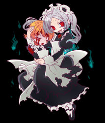  2girls amputee apron black_background blood blood_from_mouth blood_on_face bloody_marie_(skullgirls) bloody_tears brooch carrying dress closed_eyes fire frilled_apron frilled_dress frills grey_hair hair_ornament holding jewelry juliet_sleeves long_sleeves maid_headdress mary_janes mochinaga multiple_girls open_mouth orange_hair peacock_(skullgirls) puffy_sleeves red_eyes shoes short_hair skull_hair_ornament skullgirls smile tearing_up torn_clothes twintails 