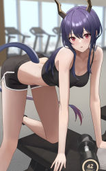  1girl absurdres arknights bare_arms bare_legs bare_shoulders black_shorts blue_hair ch&#039;en_(arknights) crop_top dolphin_shorts dragon_horns dragon_tail dumbbell hair_between_eyes highres horns long_hair looking_at_viewer midriff parted_lips red_eyes short_shorts shorts solo sports_bra tail teruru_(teruru0321) thighs treadmill  rating:Sensitive score:25 user:danbooru