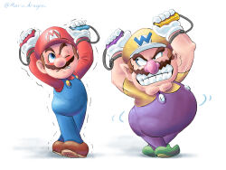 2boys artist_name big_nose blue_overalls brown_footwear brown_hair facial_hair green_footwear grin hat highres joy-con mario mario_(series) mario_dragon multiple_boys mustache nintendo one_eye_closed overalls pointy_ears purple_overalls red_hat red_shirt shirt simple_background smile trembling wario warioware warioware:_move_it! white_background yellow_hat yellow_shirt