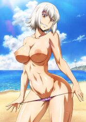  1girl bare_arms bare_hips beach belly bikini breasts cloud covered_erect_nipples grin highres killing_bites large_breasts legs lighthouse looking_at_viewer navel nipples no_bra ocean official_art orange_eyes panties panty_pull short_hair smile solo standing sweat swimsuit topless underwear uzaki_hitomi 