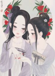 2girls black_hair bow brown_eyes chinese_clothes circle collarbone commentary_request fingernails floral_print flower from_side grey_bow grey_eyes grey_ribbon hair_bun hair_flower hair_ornament hair_ribbon hand_on_another&#039;s_shoulder hanfu highres holding_hands light_blush long_hair long_sleeves looking_at_another looking_at_viewer makeup multiple_girls nail_polish original outside_border parted_lips profile purple_flower purple_ribbon qixiong_ruqun red_flower red_lips red_nails ribbon ruqun seal_impression sidelocks signature single_hair_bun skirt upper_body ushiyama_ame white_background yuri