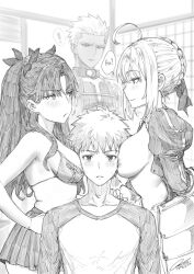  2boys 2girls absurdres alternate_breast_size archer_(fate) artoria_pendragon_(all) artoria_pendragon_(fate) bra breast_envy breasts emiya_shirou eye_contact fate/stay_night fate_(series) fkscrashing girl_sandwich greyscale hair_bun highres large_breasts looking_at_another medium_breasts monochrome multiple_boys multiple_girls nipples open_clothes pleated_skirt saber_(fate) sandwiched skirt tohsaka_rin twintails underwear undressing  rating:Questionable score:137 user:PuttHutt