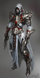  1boy 2011 armor breastplate dated full_body gauntlets glowing glowing_eyes grey_background hood leg_armor male_focus mask original red_eyes shoulder_armor shoulder_spikes simple_background solo spiked_armor spikes standing zhang_wei_yi 