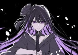  1girl black_background boo_1 closed_mouth collarbone genshin_impact hair_ornament highres holding holding_weapon japanese_clothes long_hair looking_at_viewer petals purple_eyes purple_hair raiden_shogun red_eyes slit_pupils solo weapon  rating:General score:22 user:danbooru
