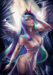 1girl axsen blue_hair breasts celestia_(my_little_pony) cleavage crown cutie_mark dress green_hair highres horns humanization large_breasts long_hair multicolored_hair my_little_pony my_little_pony:_friendship_is_magic personification pink_hair purple_eyes purple_hair see-through see-through_dress single_horn solo translucent_dress very_long_hair wings rating:Sensitive score:62 user:danbooru