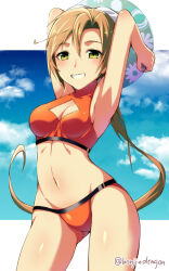  1girl akigumo_(kancolle) ball beachball bikini blue_sky bondo_(borndragon) breasts brown_hair cleavage cloud comiket_96 commentary_request copyright_name gluteal_fold green_eyes grin kantai_collection long_hair medium_breasts navel orange_bikini parted_bangs sky smile solo standing swimsuit turtleneck 