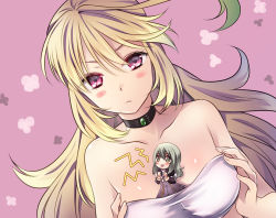 2girls ahoge bare_shoulders between_breasts blonde_hair blush breast_hold breasts choker cleavage collarbone dress elize_lutus eyelashes green_eyes large_breasts long_hair looking_at_viewer milla_maxwell multiple_girls open_mouth pink_background pink_eyes tales_of_(series) tales_of_xillia todo_no_tsumari rating:Questionable score:5 user:danbooru