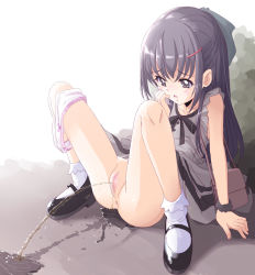 1girl anus arm_support bad_anatomy black_eyes black_hair blush bow bow_panties censored dress embarrassed female_focus loli long_hair mosaic_censoring original outdoors panties panties_around_leg parted_lips pee peeing pussy shoes simple_background sitting socks solo spread_legs tamonmaru underwear white_panties rating:Explicit score:75 user:obscuro