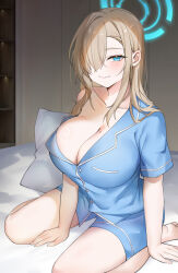  1girl alternate_costume asuna_(blue_archive) blue_archive blue_eyes blue_halo blue_shirt breasts cleavage collarbone collared_shirt hair_over_one_eye halo helandyck highres indoors large_breasts light_brown_hair light_smile looking_at_viewer mole mole_on_breast on_bed pajamas partially_unbuttoned pillow shirt short_shorts short_sleeves shorts single_bare_shoulder sitting solo 