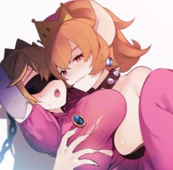  2girls bdsm blindfold blonde_hair bondage bound bowsette breasts brooch chain claws collar crown dress earrings elbow_gloves fang female_focus gloves grin hase_neet horns interspecies jewelry mario_(series) medium_breasts monster_girl multiple_girls new_super_mario_bros._u_deluxe nintendo open_mouth pink_dress princess_peach puffy_short_sleeves puffy_sleeves red_eyes sharp_teeth short_sleeves simple_background smile spiked_collar spikes super_crown teeth torn_clothes white_background yuri 