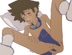 1boy anus blue_briefs blue_male_underwear briefs brown_eyes brown_hair bulge digimon digimon_adventure erection erection_under_clothes goggles goggles_around_neck head_on_pillow kyoudaicon looking_at_viewer male_focus male_underwear nipples pillow shota simple_background socks solo solo_focus spread_legs underwear white_background white_socks yagami_taichi rating:Explicit score:74 user:danbooru