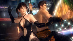 1boy 1girl 3d breasts dead_or_alive dead_or_alive_5 fighting_stance highres jann_lee large_breasts lei_fang official_art sweat tecmo topless_male rating:Questionable score:14 user:jojosstand