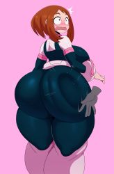 10s 1girl absurdres ass blush blush_stickers bodysuit boku_no_hero_academia breasts brown_eyes brown_hair curvy eric_lowery from_behind highres huge_ass large_breasts open_mouth pink_background short_hair sidelocks simple_background solo sssonic2 standing thick_thighs thighs uraraka_ochako rating:Questionable score:98 user:DarkToonLink