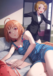  2girls ahoge bed birthday blazer breasts brown_hair cleavage collarbone commentary_request hair_down hair_ornament jacket love_live! love_live!_sunshine!! medium_breasts multiple_girls office_lady orange_hair red_eyes shamakho short_hair siblings sidelocks sisters sleeveless takami_chika takami_mito waking_up 