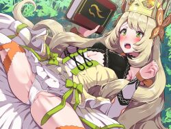  1girl blonde_hair blush book boris_(noborhys) breasts butterfly_hair_ornament celine_(fire_emblem) commentary_request crown fire_emblem fire_emblem_engage green_eyes hair_ornament highres holding holding_book long_hair nintendo open_mouth outdoors panties sitting small_breasts solo spread_legs teeth thighhighs thighs underwear upper_teeth_only very_long_hair white_panties 