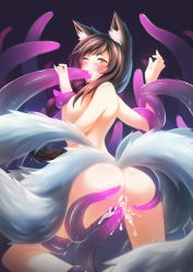 1girl ahri_(league_of_legends) animal_ears ass black_hair blush breasts cum cum_in_mouth cum_in_pussy double_penetration emi-tan facial_mark fox_ears fox_tail from_behind highres large_breasts league_of_legends long_hair multiple_penetration multiple_tails nude one_eye_closed oral pussy rape solo sweat tail tentacle_grab tentacle_sex tentacles uncensored vaginal vel&#039;koz whisker_markings wince yellow_eyes rating:Explicit score:295 user:danbooru