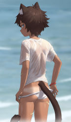 1boy absurdres animal_ears ass back bandaid bandaid_on_leg blue_eyes blurry cat_boy cat_ears cat_tail cowboy_shot day depth_of_field expressionless from_behind highres looking_at_viewer looking_back luye_yuan male_focus male_swimwear ocean original outdoors profile pulled_by_self see-through shirt short_hair short_sleeves shorts_tan shota solo standing swim_briefs tail tan tanline wet wet_clothes wet_hair wet_shirt white_male_swimwear white_shirt wristband rating:Questionable score:243 user:danbooru