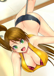 1girl :d animal_print ass bare_shoulders bra breasts brown_hair butt_crack cleavage denim downblouse green_eyes hanging_breasts happy highres large_breasts leopard_print long_hair looking_at_viewer moe2017 morozou open_mouth original pole pole_dancing ponytail short_shorts shorts smile solo stripper_pole sweat tank_top underwear upside-down very_long_hair
