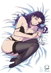 1girl ass ass_focus bed black_bra black_panties bra breasts breasts_squeezed_together cross cross_necklace curvy earrings fetal_position full_body garter_straps highres huge_ass jewelry katsuragi_misato large_breasts legs_together long_hair looking_at_viewer medium_breasts necklace neon_genesis_evangelion on_bed orange_eyes panties purple_hair seductive_gaze shiny_skin solo thick_thighs thighs thong tight_clothes underwear underwear_only unworn_jewelry unworn_necklace wide_hips