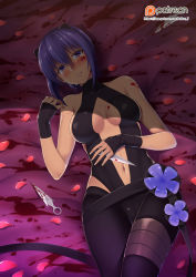  1girl bare_shoulders black_pantyhose blood blood_on_face blood_splatter blush breasts butter-t cleavage crying crying_with_eyes_open dark-skinned_female dark_skin fate/grand_order fate/prototype fate/prototype:_fragments_of_blue_and_silver fate_(series) hassan_of_serenity_(fate) holding holding_weapon knife looking_at_viewer lying medium_breasts navel on_back pantyhose parted_lips patreon patreon_username petals purple_eyes purple_hair short_hair sideboob skin_tight sleeveless sleeveless_turtleneck solo tears throwing_knife turtleneck watermark weapon web_address  rating:Sensitive score:27 user:danbooru