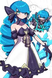 1girl absurdres ahoge arm_behind_back bare_shoulders black_bow black_dress black_gloves black_pantyhose blue_hair bow breasts chibi cleavage closed_mouth collarbone dress drill_hair gloves green_eyes gwen_(league_of_legends) hair_bow highres holding holding_scissors league_of_legends long_hair looking_at_viewer monakan_japan oversized_object pantyhose scissors small_breasts solo swept_bangs twin_drills white_background white_dress rating:Sensitive score:3 user:danbooru