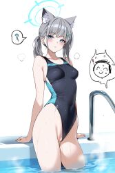  1girl absurdres animal_ear_fluff animal_ears artistic_error ateoyh bare_arms bare_legs bare_shoulders blue_archive blue_eyes breasts cleft_of_venus clothing_aside competition_swimsuit covered_erect_nipples covered_navel doodle_sensei_(blue_archive) extra_ears grey_hair hair_ornament halo highres looking_at_viewer official_alternate_costume one-piece_swimsuit pussy sensei_(blue_archive) shiroko_(blue_archive) shiroko_(swimsuit)_(blue_archive) small_breasts swimsuit swimsuit_aside thighs wardrobe_malfunction wet wolf_ears 