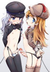  1boy 1futa arms_behind_back ass bdsm black_panties black_thighhighs blonde_hair blue_eyes blush bondage bound brown_thighhighs bulge censored crossdressing cuffs futa_with_male futanari garter_straps handcuffs hat highres leftporygon long_hair nipples open_mouth panties penis penis_size_difference penises_touching restrained shota silver_hair testicles thighhighs trap underwear  rating:Explicit score:112 user:FabricioDias